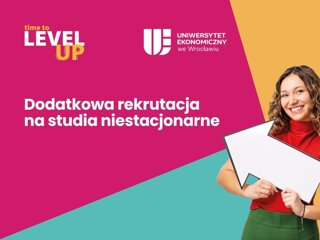 Grafika przedstawia dziewczynę ze strzałką wymierzoną w napis: Dodatkowa rekrutacja na studia niestacjonarne.